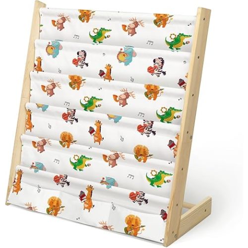 Kids Bookshelf 5 Tier Wooden Toy and Book Storage Organizer 3 Pockets Toddler Sling Book Rack with Deep Sleeves for Baby Playroom Nursery Bedroom (Animal Concert)