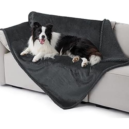 Bedsure Waterproof Dog Blankets for Extra Large Dogs - XL Cat Blanket Washable for Couch Protection, Sherpa Fleece Puppy Blanket, Soft Plush Reversible Throw Furniture Protector, 50x60, Grey Black