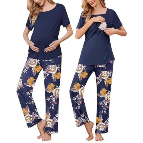 Ekouaer Women's Nursing Pajamas Maternity Pajama Postpartum PJS Breastfeeding Short Sleeve Top & Pants Sets with Pockets