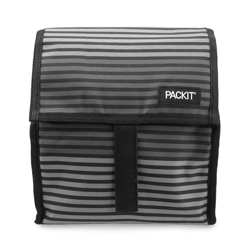 PackIt Freezable Lunch Bag, Gray Stripes, Built with EcoFreeze Technology, Foldable, Reusable, Zip and Fold Closure with Buckle Handle, Perfect for School and Office Lunches