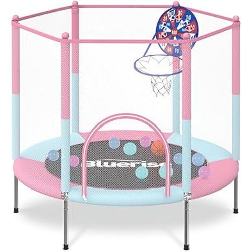 BLUERISE Trampoline 55IN 6FT Toddler Trampoline for Kids Indoor Outdoor Play for Kids Trampoline Basketball Hoop Attachment with Enclosure Net Easy to Assemble Outdoor Indoor Trampoline