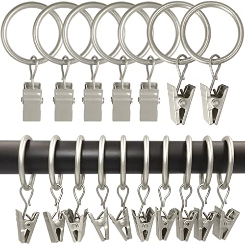 LLPJS 100 Pack Curtain Rings with Clips, Curtain Clip Rings Hooks, Bow Hanger Clips for Hanging Drapery Drapes Bows, Ring 1 inch Interior Diameter, Fits up to 5/8" Rod, Matte Silver