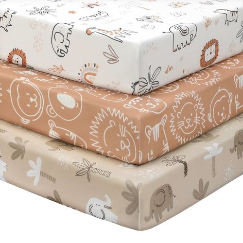 Baby Crib Sheets for Boys and Girls, 3 Pack Toddler Bed Sheets for 52”x28” Standard Toddler Mattresses, Soft Microfiber Fitted Crib Sheets Neutral Orange Animal World