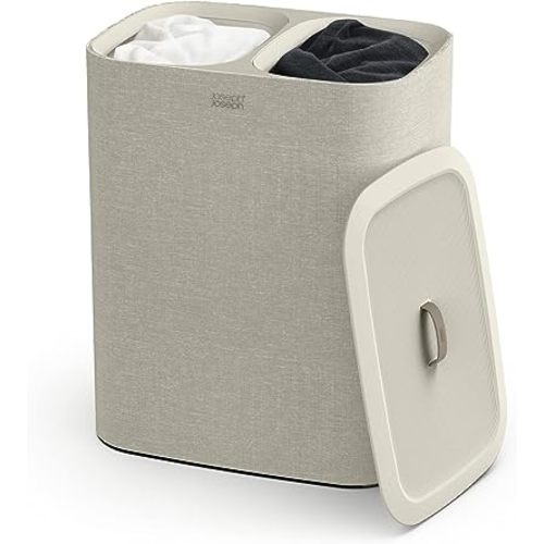Joseph Joseph Tota 90 liter/23.8 gallon Laundry Hamper Separation Basket with lid, 2 Removable Washing Bags with Handles - Ecru