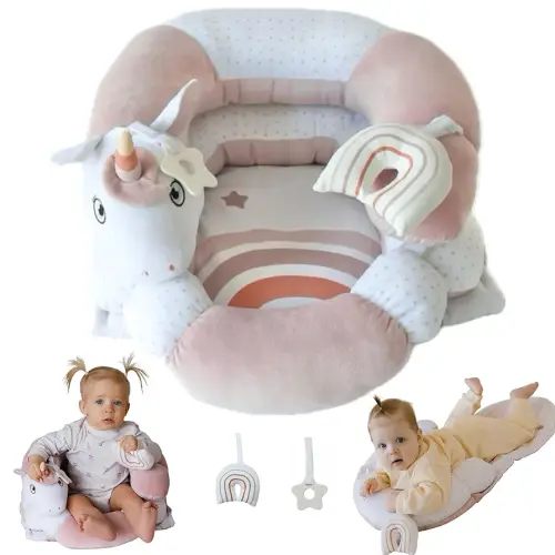 2-in-1 Tummy Time Mat and Seated Support with Two Toys – for Newborns and Babies – Includes Detachable Cushion for Supervised Play & Head/Neck Development (Blush)