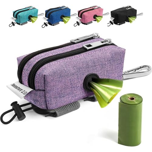 Dog Poop Bag Holder for Leashes - Dog Poop Bag Dispenser and Treat Holder with 2 Waterproof Pouches for Pet Waste Bags and Walking Accessories + 1 Free Roll - Leashrr 2.0 (Purple)