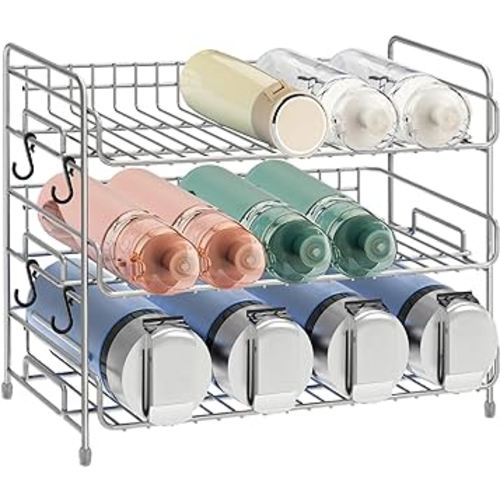Water Bottle Organizer, 3-Tier Water Bottle Organizer for Cabinet, Tumbler Travel Cup Holder, Pantry Kitchen Stackable Storage Rack for Shaker Baby Bottle, Wine, Can, Drying Rack (Silver)