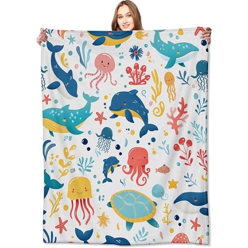 Sea Animal Blanket Colorful Marine Life Whale, Octopus, and Turtle Throw Blankets,Birthday Gifts for Kids & Ocean Lovers,Lightweight Soft Fleece for Sofa Couch Bed Room Travel Decor 50x60in