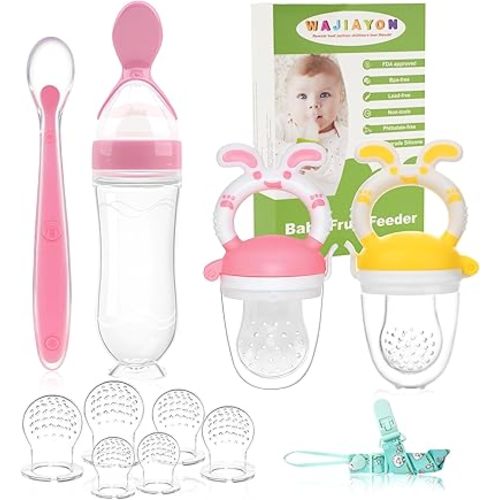WAJIAYON Baby Fruit Feeder Pacifier - 5 Pack | 2 Baby Fruit Food Feeder Pacifier & 1 Baby Food Dispensing Spoon | Fresh Fruit Teethers for Babies | Silicone Feeder Baby,Mesh Baby Feeder (Pink&Yellow)