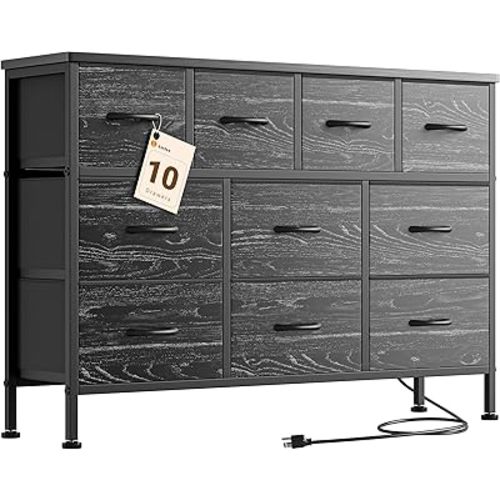 Lulive 10 Drawers Dresser for Bedroom, Chest of Drawers with Charging Station, Fabric Dresser, Organizer Unit for Living Room, Hallway, Closet (Black and White Stripes)