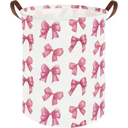 Bow laundry basket for girls,Nursery Hamper,Pink Laundry Hamper,Waterproof collapsible canvas laundry basket for girls,Pink Girls Laundry Basket,Living Room Decor(Bowknot)