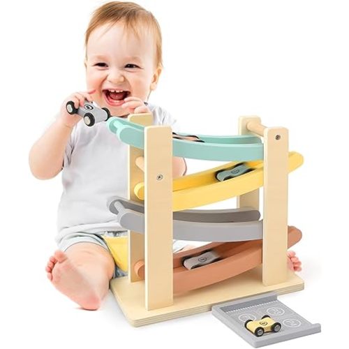 Car Ramp Toys for One Year Old Boy Birthday Gifts, Wooden Montessori Toys for 1 2 Year Old, Race Track Truck Toy with 4 Mini Cars/1 Parking Lot, First Christmas Birthday Gifts for Toddlers 1-3-2-4