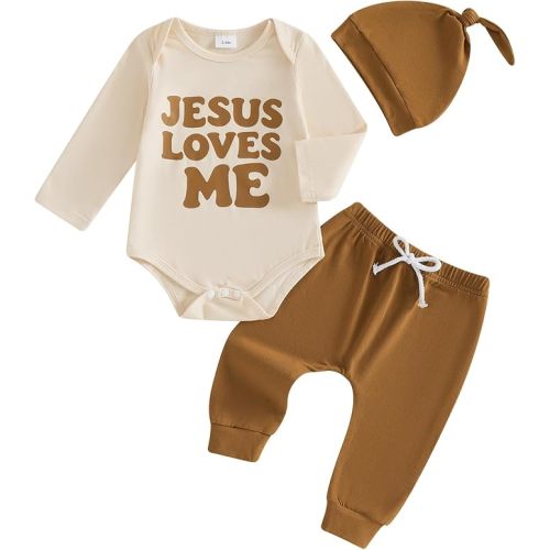 Newborn Baby Boy Christian Clothes Jesus Loves Me Romper Long Pants Set Hat 3Pcs Summer Baptism Outfits
