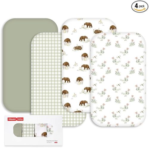 Gllquen Baby Bedside Sleeper Sheets 33x20 Inch 4 Pack - Fitted Crib Mattress Covers, Ultra Soft Oeko-TEX Certified Bassinet Sheets for Girls Boys, Gift Ready Box for Baby Shower (Forest Tale)