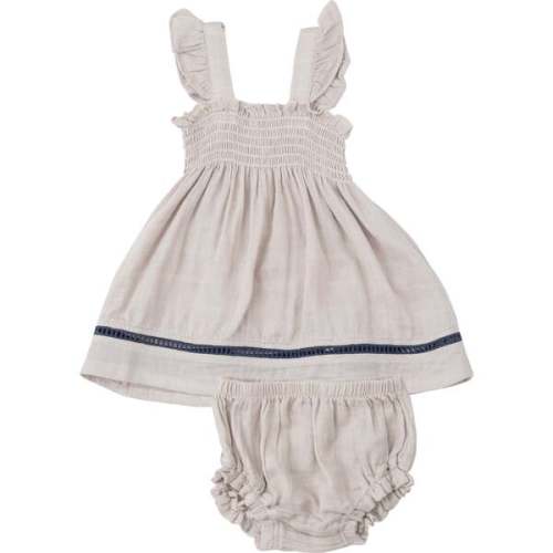 Oatmeal Solid Muslin Ruffle Strap Smocked Top + Diaper Cover With Trim, Taupe - Angel Dear Mixed Apparel Set | Maisonette
