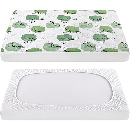 TILLYOU Pack and Play Sheet - Soft Quilted Crib Cover Pad, Toddlers Mattress Protector with 1''-3'' Deep Pocket, Thick Play Yard Playpen Sheets, Crib Mattress Pad, 39"x27", Green Giraffes