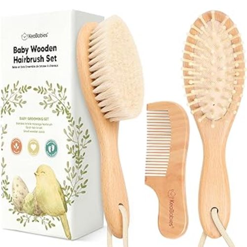 Baby Hair Brush and Comb Set for Newborn - Wooden with Soft Goat Bristle, Newborns Girl, Boy, Toddler Cradle Cap (Oval, Walnut)