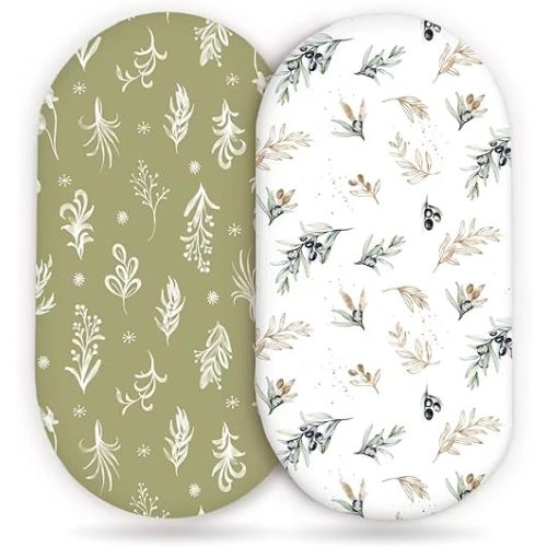 Stretchy Ultra Soft Fitted Bassinet Sheets Set 2 Pack, Cradle Sheet Universal Fit for Rectangle, Oval or Hourglass Bassinet Pad/Mattress Safe and Snug, Stylish Watercolor Flora and Olive