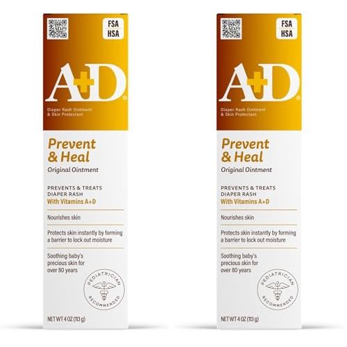 A+D Original Diaper Rash Ointment Prevents & Treats Diaper Rash, Moisturizing Skin Protectant with Vitamins A & D, Healing Skin-Ointment for Dry and Cracked Skin 4oz (Pack of 2)