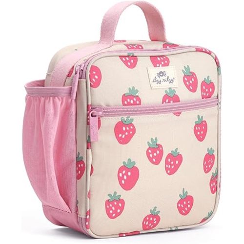 Itzy Ritzy Toddler Lunch Box - Kids Lunch Bag is Insulated and Includes Water Bottle Holder Plus 2 Pockets - Durable, Easy to Clean Toddler Bag (Strawberry)