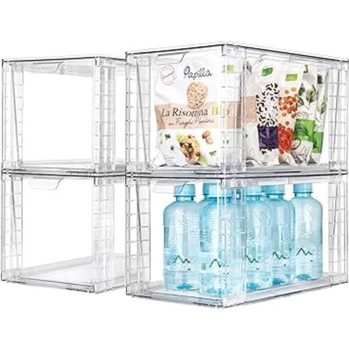 Zero Zoo 4Pack Large Stackable Kitchen Storage Drawers, Clear Foods Organizer Bins with Handles, Easily Assemble for Bathroom, Kitchen, Pantry, Cabinet, Closet (Up Handled)