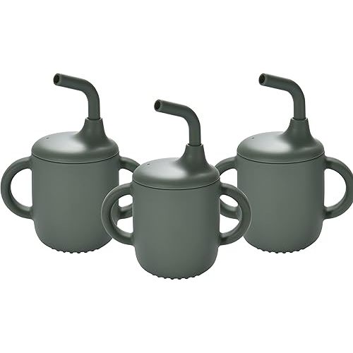 CHILDLIKE BEHAVIOR Mini Mushie Sippy Cups - Silicone Straw Cup For Baby, Toddlers - Cups Training with Lids Covers and Soft Grip Handle - Transition Mushie Straw Cup - BPA Free - Set of 3 Silicone