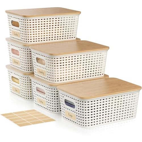 Viphope Small 5 Quart Plastic Storage Bin with Bamboo Lid, Stackable Decorative Storage Basket Box Containers with Label for Organizing shelves Closet Office Classroom, White 6 Pack