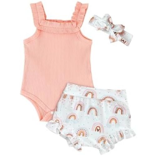 Easisim 3pcs Newborn Baby Girls Shorts Sets Cotton Sleeveless Romper Jumpsuit Bodysuit + Shorts + Headband Outfit Set