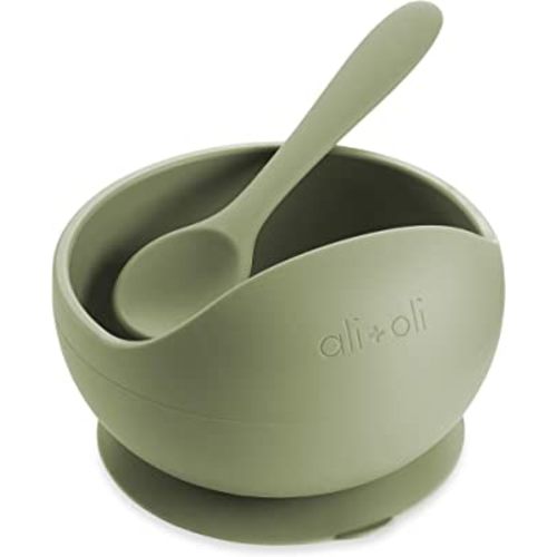 Ali+Oli Silicone Suction Bowl and Spoon Set (Sage, Original) - Unbreakable Suction Bowls for Baby 6 Months and Up, Self Feeding Baby Utensils, First Stage Baby Feeding Supplies