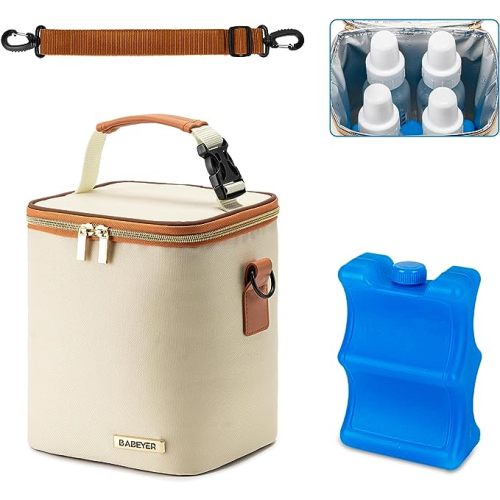 BABEYER Breast Milk Cooler Bag with Ice Pack Fits 4 Baby Bottles Up to 9 Ounce, Baby Bottle Bag with Shoulder Strap for Nursing Mom Daycare, Cream