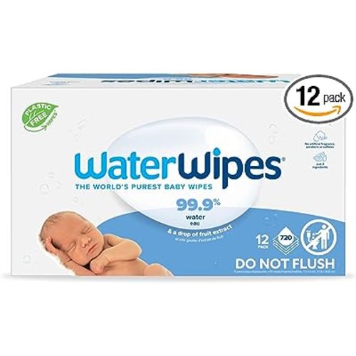 WaterWipes Plastic-Free Original Baby Wipes, 99.9% Water Based Wipes, Unscented & Hypoallergenic for Sensitive Skin, 60 Count (Pack of 12), Packaging May Vary