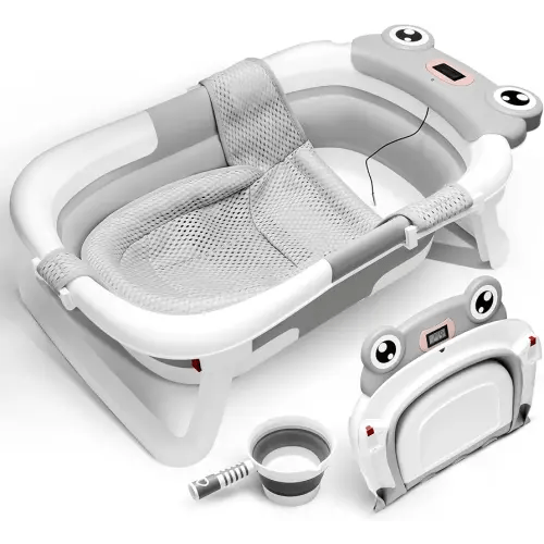 JTCosas Collapsible Baby Bathtub with Thermometer, Detachable Mesh Seat, Water Scooper, and Travel Bag - Portable and Foldable Baby Bath for Babies and Toddlers