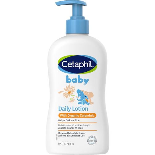Cetaphil Baby Daily Lotion with Organic Calendula 400mL, Face & Body Moisturiser, with Sweet Almond & Sunflower Oils, 24hr Hydration, Hypoallergenic, Tear-Free, Dermatologist Tested