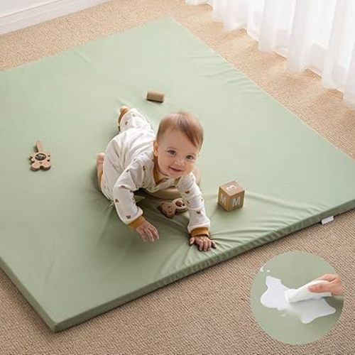 Blissful Diary Vegan Leather Baby Play Mat, 50x50 Thicken Foam Cushioned & Waterproof Playpen Mat for Infants and Toddlers, Stylish and Just Wipe-Clean Crawling Mat for Babyplay on Floor, Light Green