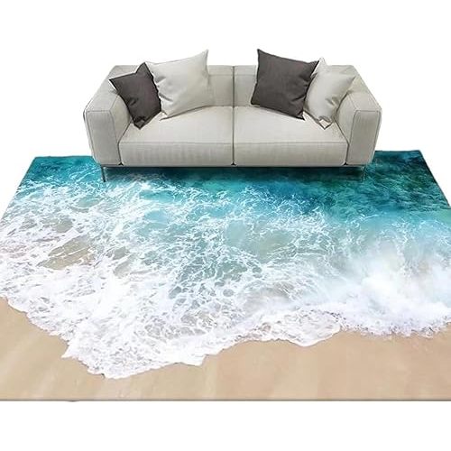 3D Visual Blue Ocean Waves Rug, Large Sea Wave Area Rugs for Bedroom, Cute Beach Design Carpet Non-Slip Sofa Mat (Ocean Waves)