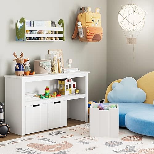 FOTOSOK Toy Storage Cabinet with 3 Movable Drawers, Floor Storage Organizer with Hidden Wheel & Large Open Bookhelf, Organizer Chest for Playroom, White