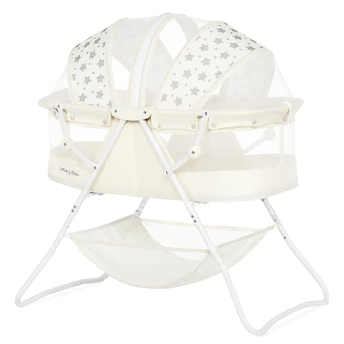 Dream On Me Karley Bassinet in French White, Lightweight Portable Baby Bassinet, Quick Fold and Easy to Carry , Adjustable Double Canopy, Indoor and Outdoor Bassinet with Large Storage Basket.