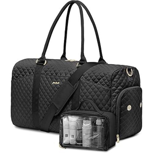 Women Weekender Travel Duffle Bag: Travel Duffel Overnight Bags with Shoe Compartment Large Carry on Tote with Toiletry Bag Weekend Traveling Yoga Gym Hospital Bag for Women with Wet Pocket Black