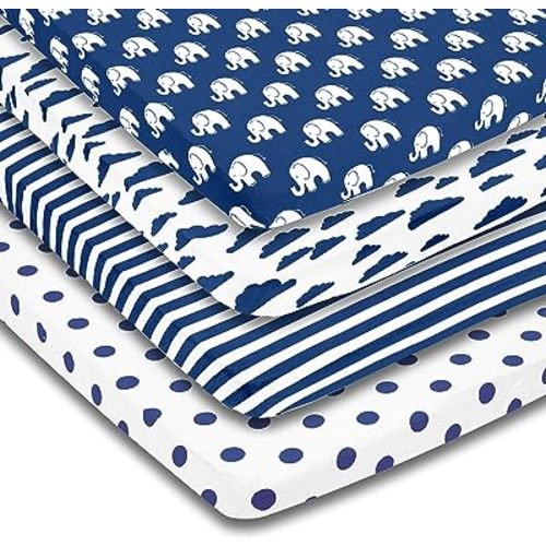 Pack n Play Sheets – Premium Pack and Play Sheet 4 Pack – 100% Super Soft Jersey Knit Cotton Playard Mattress Portable Playpen Fitted Play Yard Mini Crib Sheet for Boy (24 x 38 x 5)