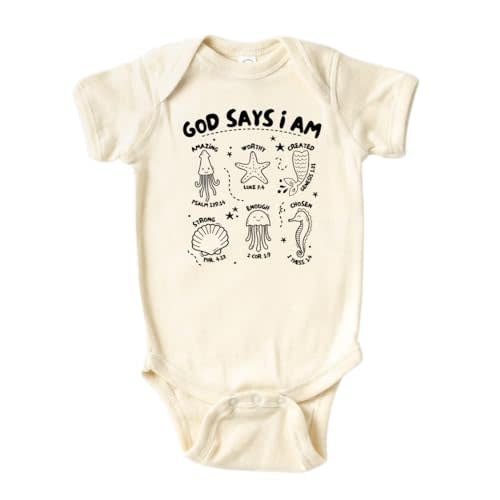 MangoHouse Cute Baby Bodysuit God Says I am Ocean Fish Shirt Premium Custom Baby Clothes Unisex Baby Announcement Gift for Mom Newborn Outfit (Short Sleeve Natural, 3-6m)