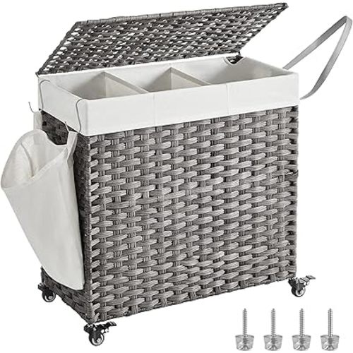 SONGMICS Laundry Hamper with Lid, 37 Gallons (140 L), Rolling Laundry Basket with Wheels, 3-Section Synthetic Rattan, Removable Liner, Bedroom, 26 x 13 x 26 Inches, Gray ULCB363G01