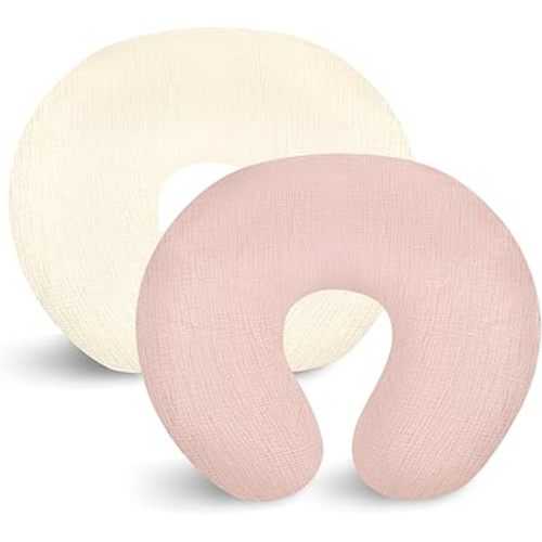 GFU Muslin Nursing Pillow Covers 2 Pack, Soft Feeding Pillow Slipcover for Breastfeeding Moms, Removable Case for Baby Girl and Boy (Beige, Pink)