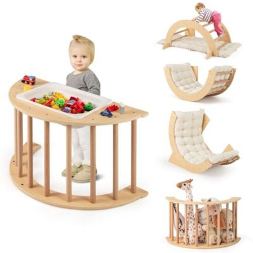 Costway 6 in 1 Climbing Arch for Toddlers with Collapsible Storage Bin Removable Cushion Natural