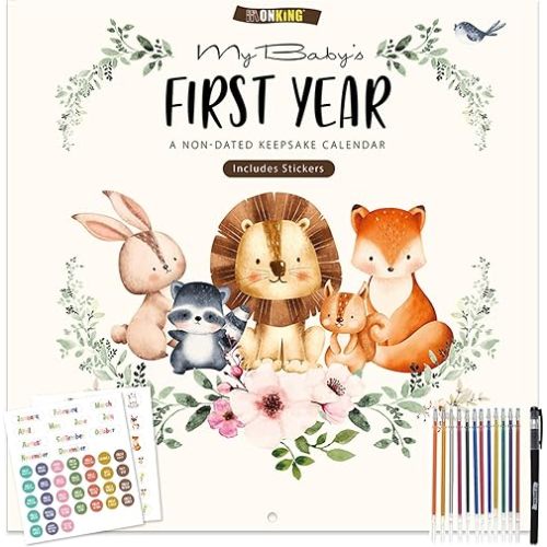 Baby's First Year Calendar with Stickers by Bright Day - 1st Year Tracker - Baby Memory Book for Girls to Document and Cherish Baby First Year Milestones,- Milestone Keepsake for Baby Boy with Pocket