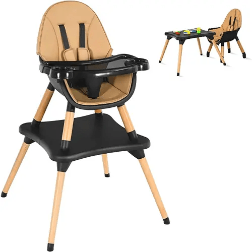 HONEY JOY Baby High Chair, 5-in-1 Convertible Wooden Highchair for Babies and Toddlers/Table and Chair Set/Booster Seat with Safety Harness, 4-Position Removable Feeding Tray (Coffee)