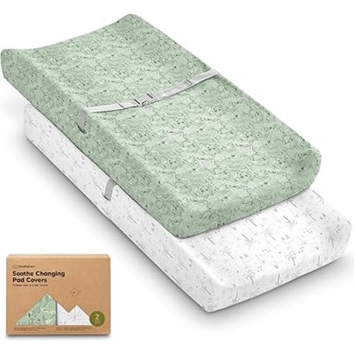 2-Pack Organic Changing Pad Covers for Girl, Boy, Neutral - 100% Cotton Changing Table Pad Cover, Soft Baby Nursery Diaper Changing Pad Sheets, Contour Changing Pads Liners,Change Pad Cover (DinoDood)