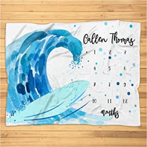 Personalized Surfing Monthly Blanket, Custom Baby Surfing Blanket, Ocean Monthly Baby Monthly Blanket, Surfboard and Waves Baby Receiving Blanket Nursery Shower Gift Beach Fleece Blanket