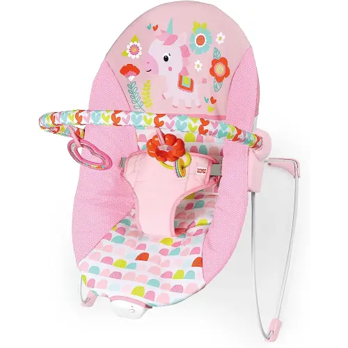 Bright Starts Baby Bouncer Soothing Vibrations Infant Seat - Removable -Toy Bar, Nonslip Feet, 0-6 Months Up to 20 lbs (Fancy Fantasy, Pink Unicorn)