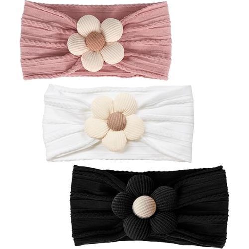 3 Pcs Baby Flower Headbands Baby Girls Nylon Headbands Soft Hairbands Hair Accessories for Newborn Infant Toddler Kids (White Black Pink)