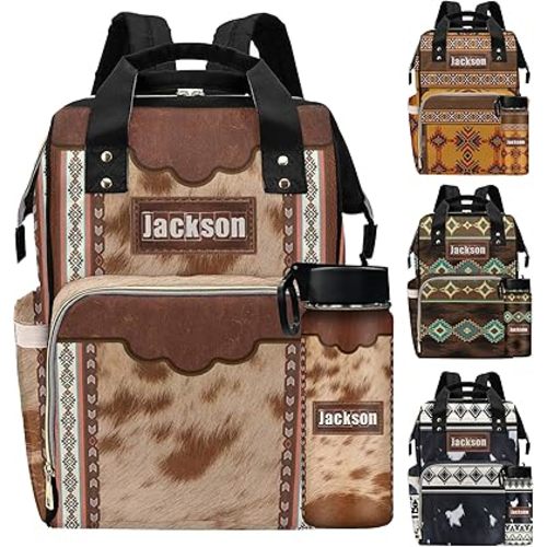 Personalized Large Capacity Diaper Bags Western Cowhide Print with Bottle Custom Name Backpack Casual Daypack Bag Nappy Bag Gifts